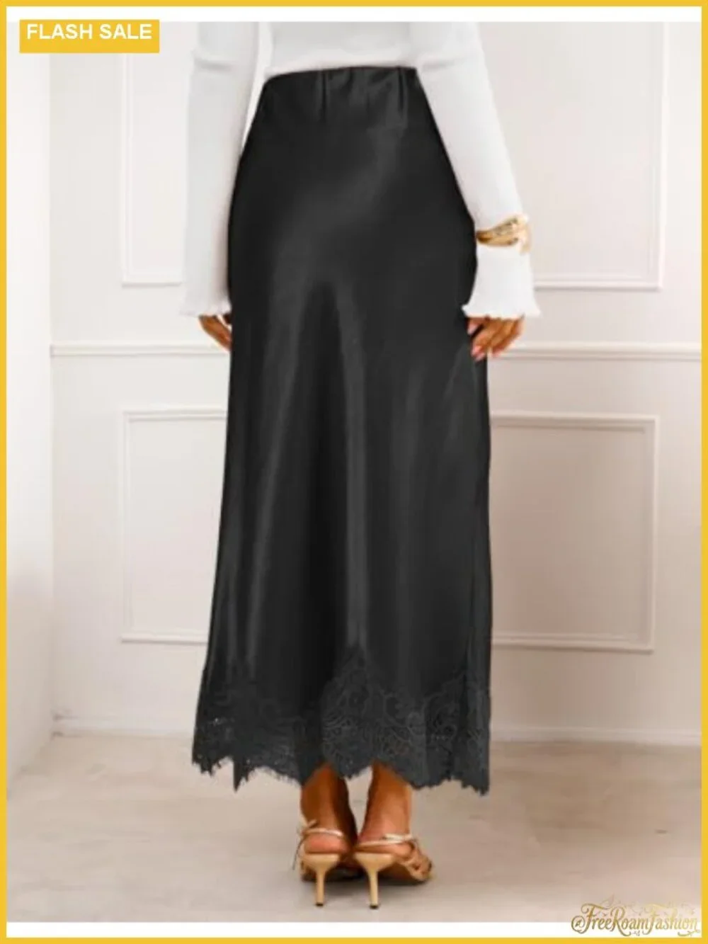Satin Lace Trim Mermaid Fishtail Maxi Skirt High Waist Flowy